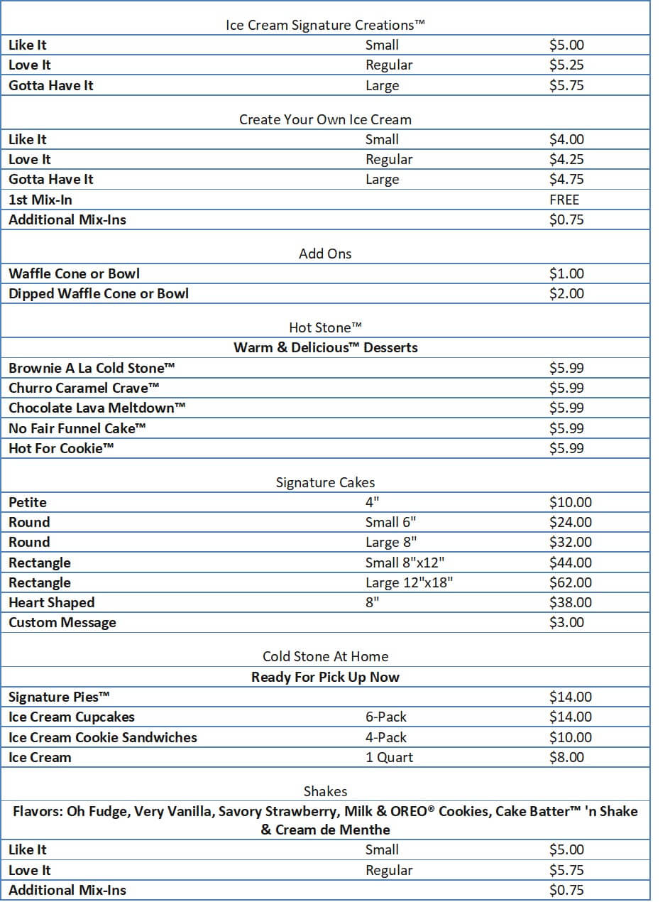 Cold Stone Menu Prices (Complete list) - Free business ideas