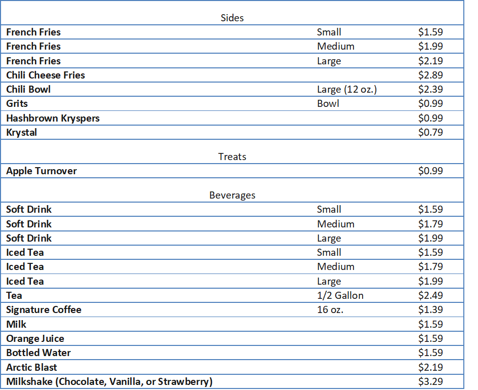 Krystals Menu Prices - Free business ideas