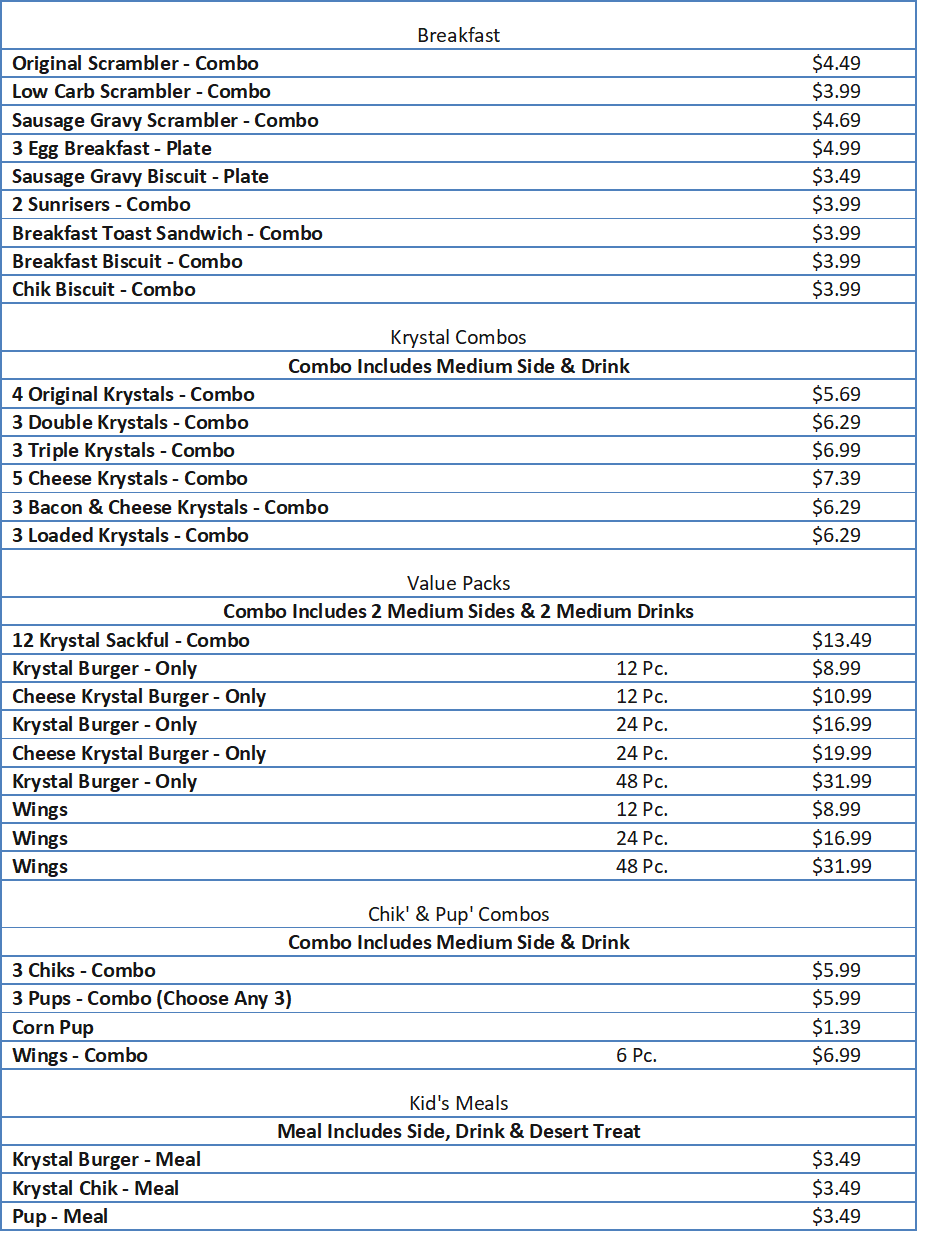 Krystals Menu Prices - Free business ideas