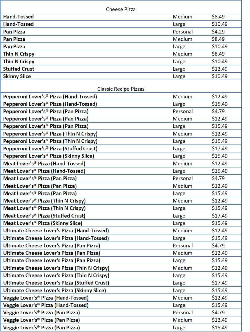 Pizza Hut Menu Prices - Free business ideas