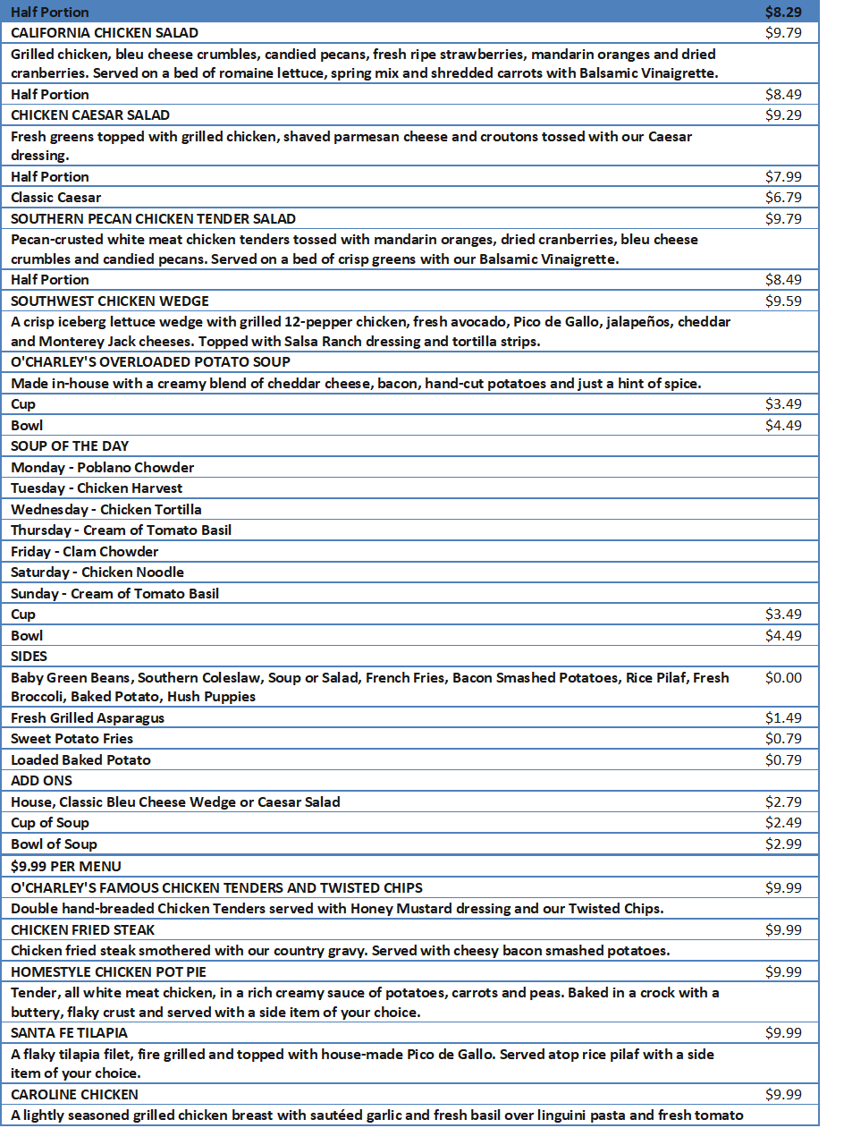 Printable O Charley S Menu - Printable Cards